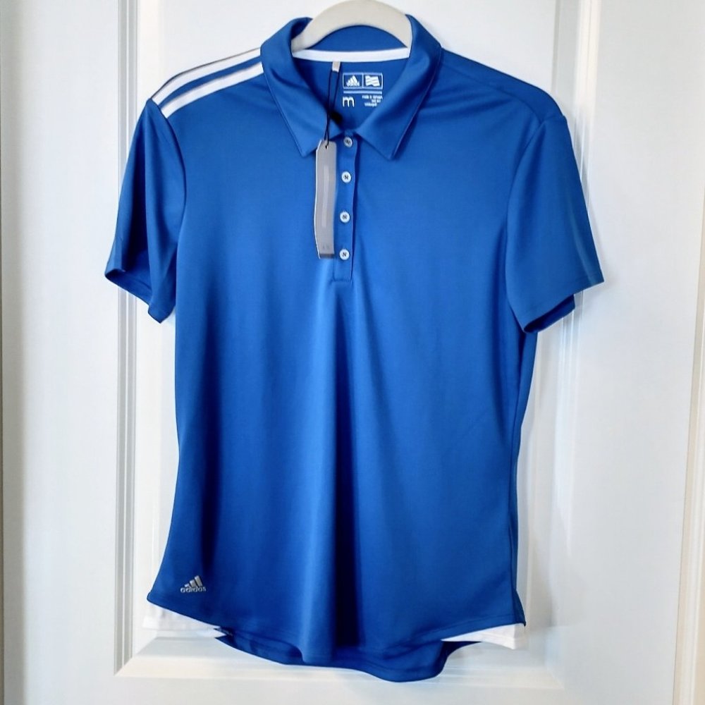 NEW Women's Adidas Blue Golf A235 3-Stripes Shoulder Polo Short Sleeve Shirt Med - Picture 2 of 9